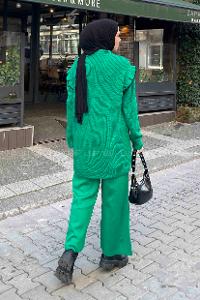 Green Mock Turtle Neck Long Arm Without Accessories Knitwear Regular Trousers Comfortable Suit