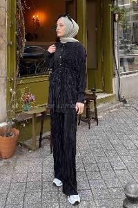 Lamelif Fitilli Pliseli  İkili Tesettür Takım Siyah