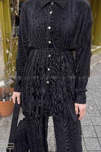 Lamelif Fitilli Pliseli  İkili Tesettür Takım Siyah