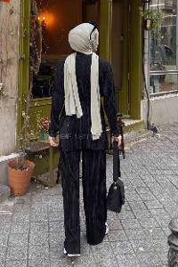 Lamelif Fitilli Pliseli  İkili Tesettür Takım Siyah