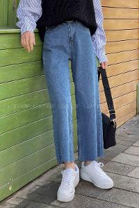 Lamelif Kesik Paça Midi Boy Pantolon Kot Mavisi