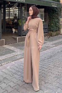 Beige Crew Neck Mira Fabric Unprinted Overalls