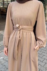 Beige Crew Neck Mira Fabric Unprinted Overalls