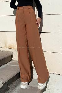 Lamelif Çift Pensli Bol Paça Pantolon Camel