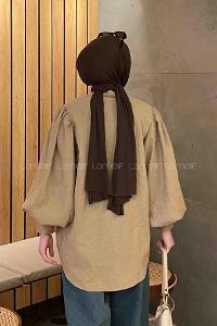 Brown With Milk Shirt Collar Balloon Sleeve Arm Poplin Fabric Shirt