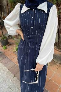 Navy Blue Shirt Collar Cotton Dresess