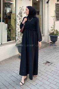 Lamelif Dantel Örgü Detaylı Elbise Siyah