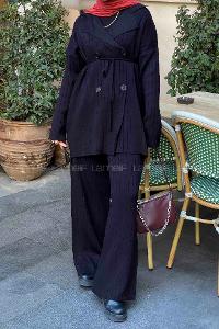 Black Polo Neck Collar Long Arm Knitwear Regular Trousers Comfortable Suit