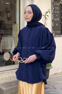 Navy Blue Shirt Collar Balloon Sleeve Arm Poplin Fabric Shirt