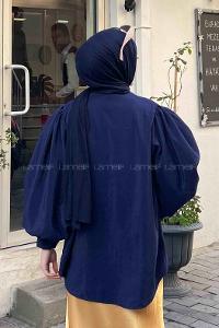 Navy Blue Shirt Collar Balloon Sleeve Arm Poplin Fabric Shirt