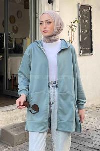 Lamelif Önü Fermuarlı Kapüşonlu Hırka Çağla Yeşili