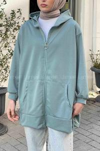 Lamelif Önü Fermuarlı Kapüşonlu Hırka Çağla Yeşili