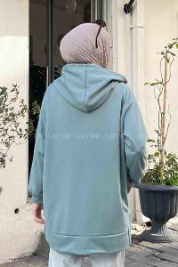 Lamelif Önü Fermuarlı Kapüşonlu Hırka Çağla Yeşili