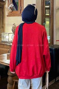 Lamelif Balon Kol Yaka Ve Etek Ucu Manşetli Bol Sweat Kırmızı