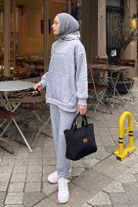Gray Hood Neck Long Arm Without Accessories Two Threads Regular Trousers Comfortable Suit