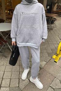 Gray Hood Neck Long Arm Without Accessories Two Threads Regular Trousers Comfortable Suit