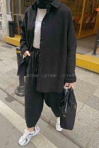 Black Shirt Collar Long Arm Buttoned Cotton Regular Trousers Comfortable Suit