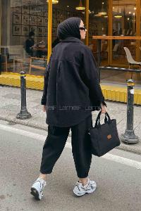 Black Shirt Collar Long Arm Buttoned Cotton Regular Trousers Comfortable Suit