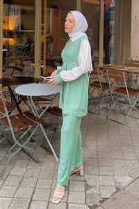Cagla Green-1 Shirt Collar Long Arm With Necklace Cotton Trousers Comfortable Suit