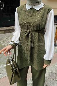 Khaki Shirt Collar Long Arm With Necklace Cotton Trousers Comfortable Suit