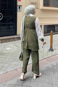 Khaki Shirt Collar Long Arm With Necklace Cotton Trousers Comfortable Suit