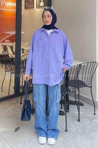 Lilac Shirt Collar Long Arm Viscose Fabric Unprinted Shirt