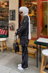 Black Medium Crew Neck Long Arm With Necklace Crepe Fabric Comfortable Suit