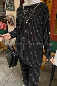 Black Medium Crew Neck Long Arm With Necklace Crepe Fabric Comfortable Suit