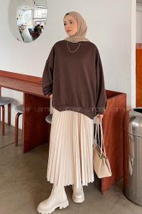 Lamelif Balon Kol Yaka Ve Etek Ucu Manşetli Bol Sweat Acı Kahve