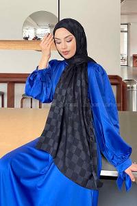 Lamelif Dama Desen Jakar Şal Koyu Lacivert