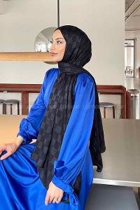 Lamelif Dama Desen Jakar Şal Koyu Lacivert