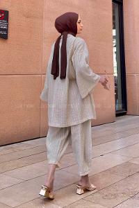 Lamelif Kimono İkili Tesettür Takım Krem