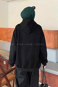 Black Hood Neck Long Arm Printed Sweatshirt