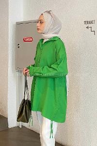 Green Shirt Collar Long Arm Cotton Unprinted Shirt