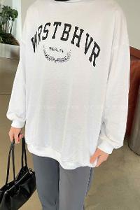 White Medium Crew Neck Long Arm Printed Sweatshirt
