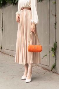 Lamelif Beli Elastik Detaylı Pliseli Etek Vizonrengi