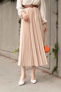 Lamelif Beli Elastik Detaylı Pliseli Etek Vizonrengi