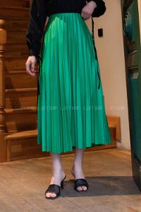 Lamelif Beli Elastik Detaylı Pliseli Etek Zümrüt