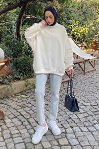 Lamelif Balon Kol Yaka Ve Etek Ucu Manşetli Bol Sweat Ekru