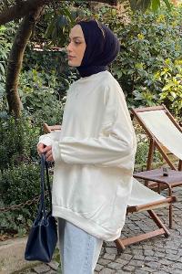 Lamelif Balon Kol Yaka Ve Etek Ucu Manşetli Bol Sweat Ekru