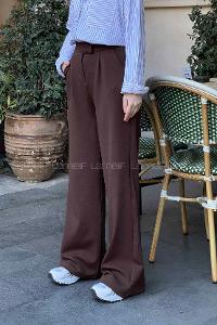 Lamelif  Beli Cırtcırt Kapama Detaylı Pantolon Acı Kahve