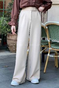 Lamelif  Beli Cırtcırt Kapama Detaylı Pantolon Krem