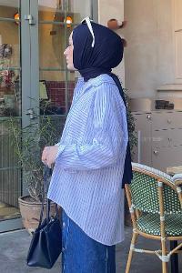 Lamelif Çizgili Uzun Kol Oversize Gömlek Beyaz -Mavi