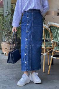 Lamelif Düğmeli Kot Etek Mavi