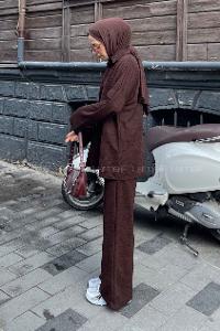 Lamelif  Krinkıl Gömlek Pantolon Takım Acı Kahve