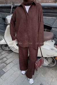 Lamelif  Krinkıl Gömlek Pantolon Takım Acı Kahve