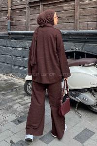 Lamelif  Krinkıl Gömlek Pantolon Takım Acı Kahve