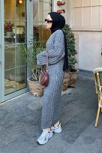 Lamelif Saç Örgü Uzun Elbise Füme