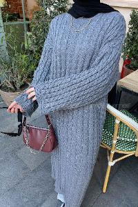 Lamelif Saç Örgü Uzun Elbise Füme