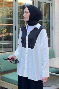 Lamelif Saten Detaylı Gömlek Beyaz